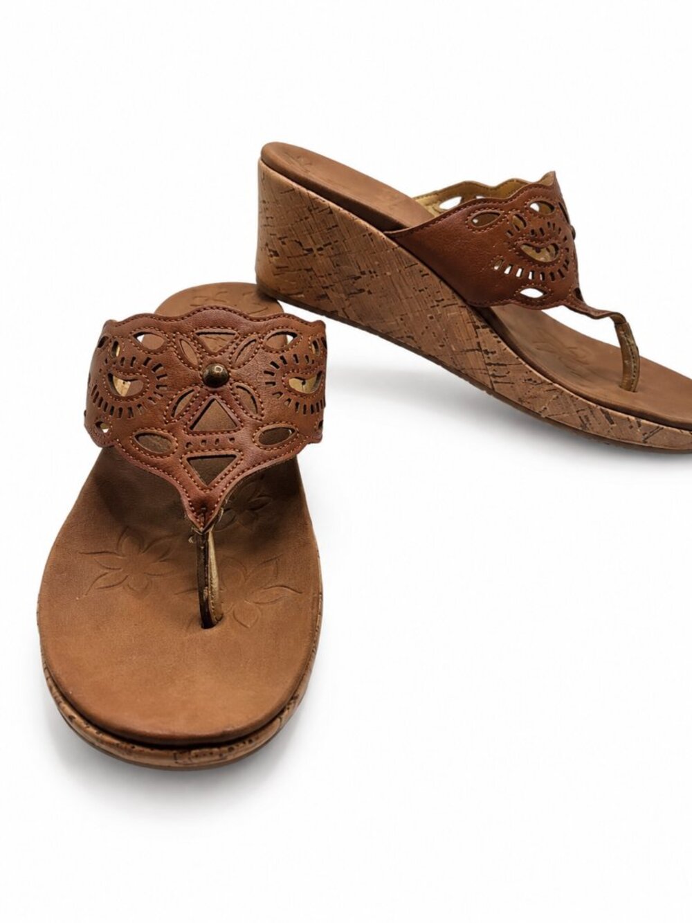 Skechers Luxe Foam Laser Cut Wedge Thong Sandals Tan Size 8